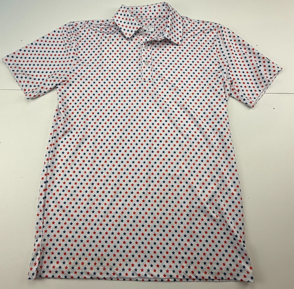 NWT Yatta Golf Polo Mens Small The Patriot USA Flag Stars Red White Blue Perform